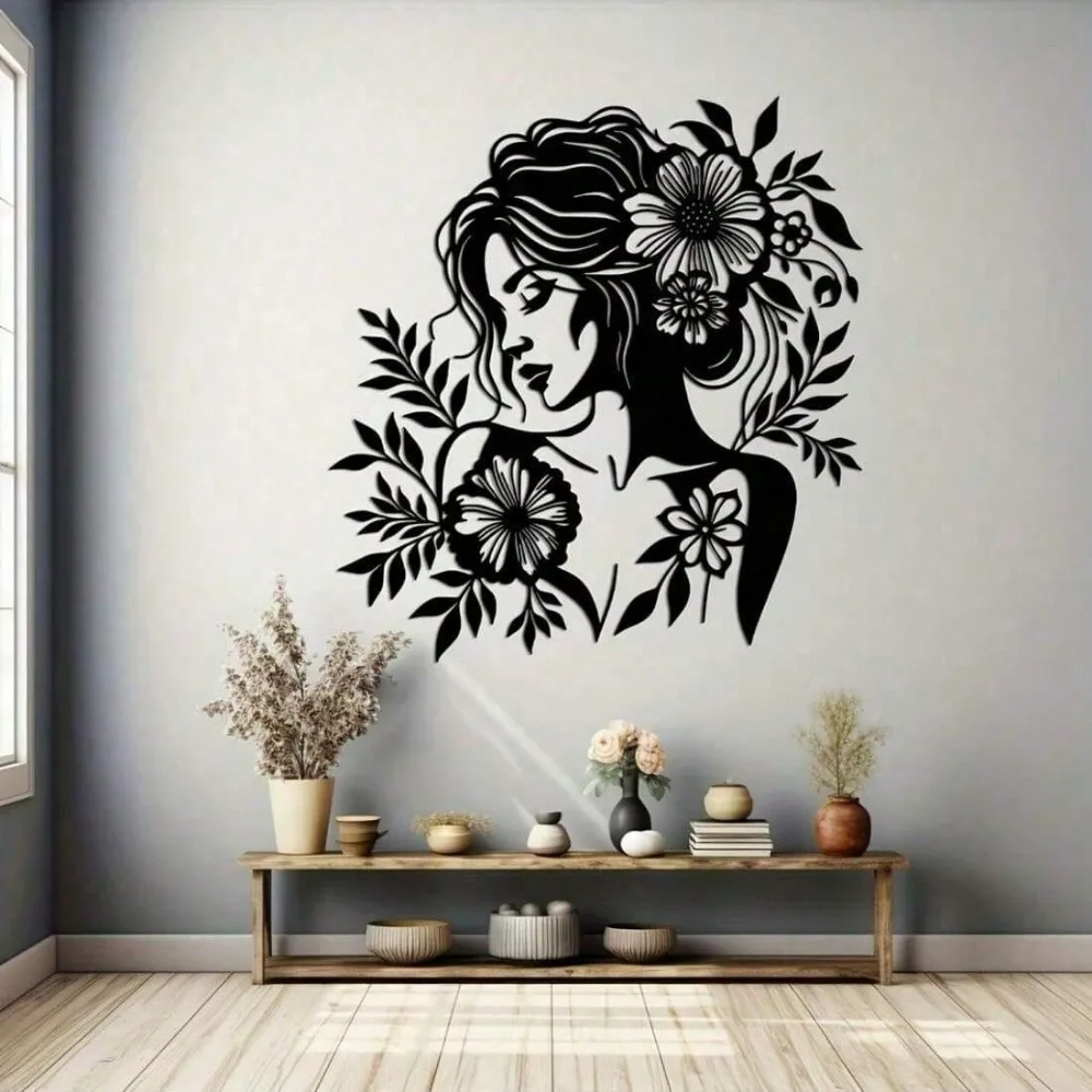 Modern Woman Floral Metal Sculpture, Line Art Wall Hanging, Rustproof Iron Home Decor view 5