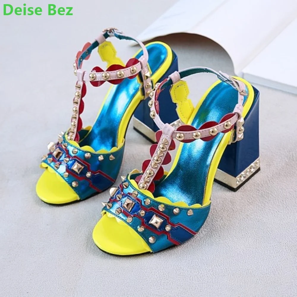 

Rivet Luxury Designer Sandals Colorful Square Heel Round Toe Mixed Colors Ankle Strap Adjustable Slingback Female Summer Shoes