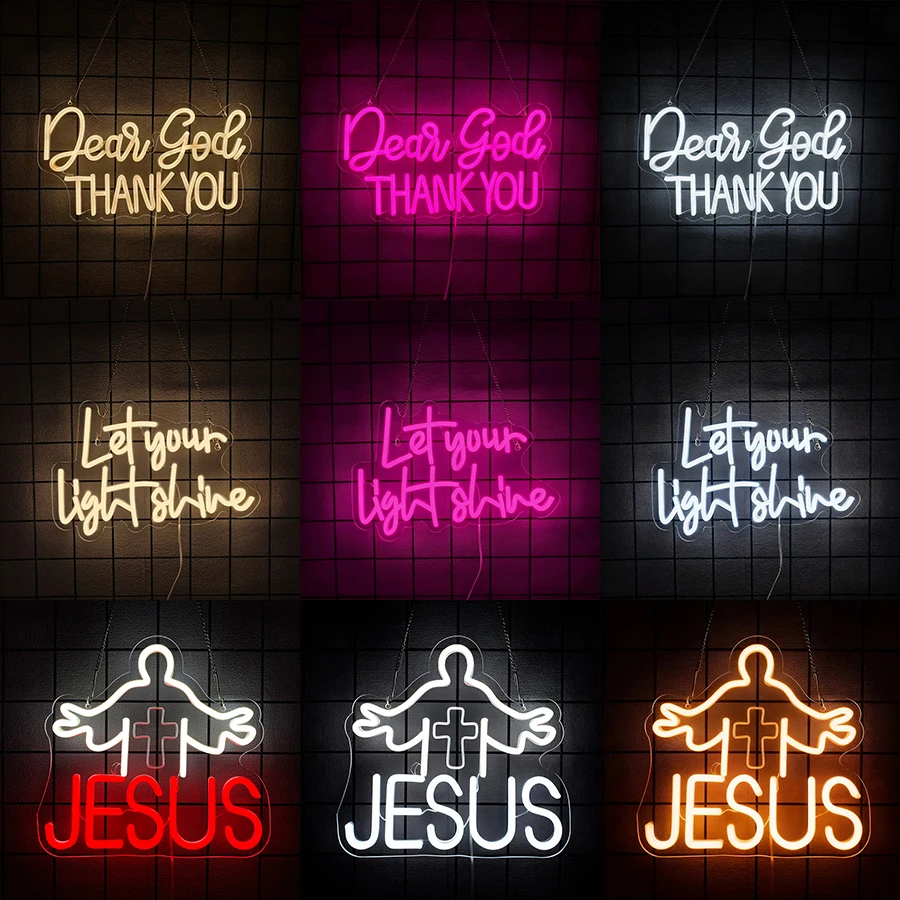 Dear God Thank You Neon Sign for Wall Decor Jesus LED Neon Lights for Office Home Living Room Classroom Christian Church Gifts