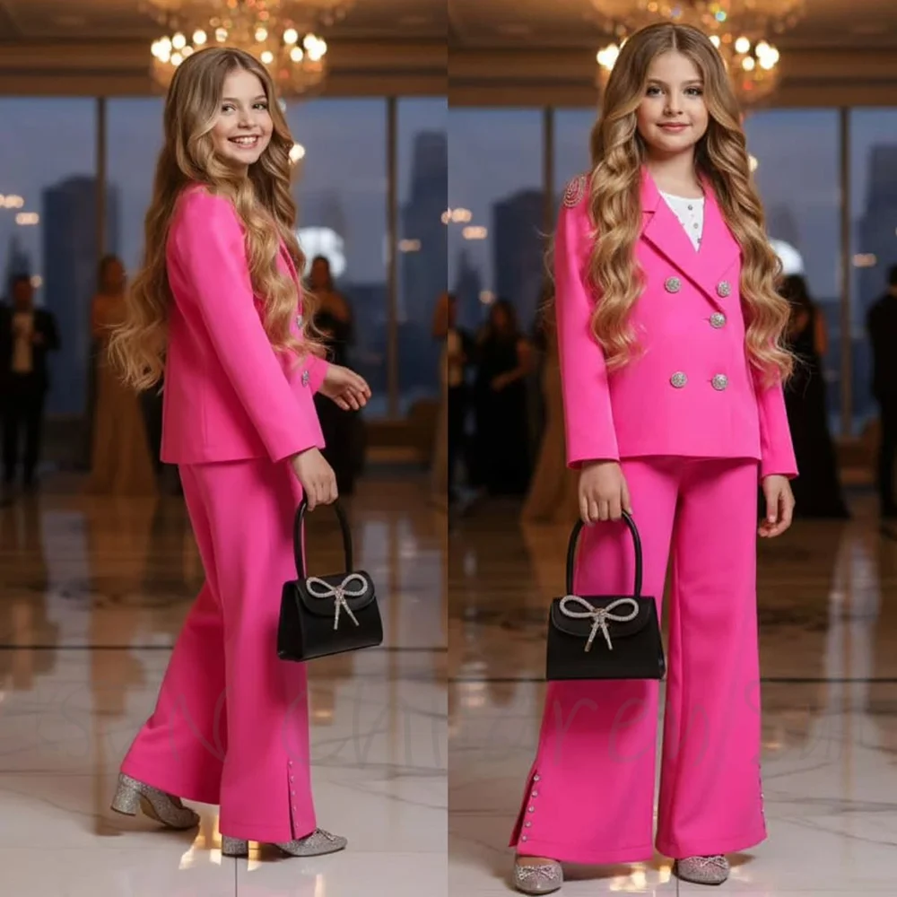 

Rose Red Notch Lapel Girls Suit Elegant Double Breasted Straight Formal Outfit Two Pieces Fashion Luxury Girl Clothes Set