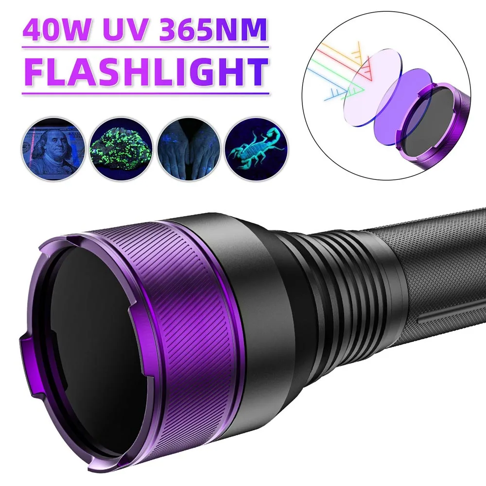 Imagem -03 - Recarregável uv Cura Lanterna Blacklight 40w Quad Core 365nm Cura Gato Cão Mancha Marcador Dinheiro Ore Escorpião Verificação Fluorescente