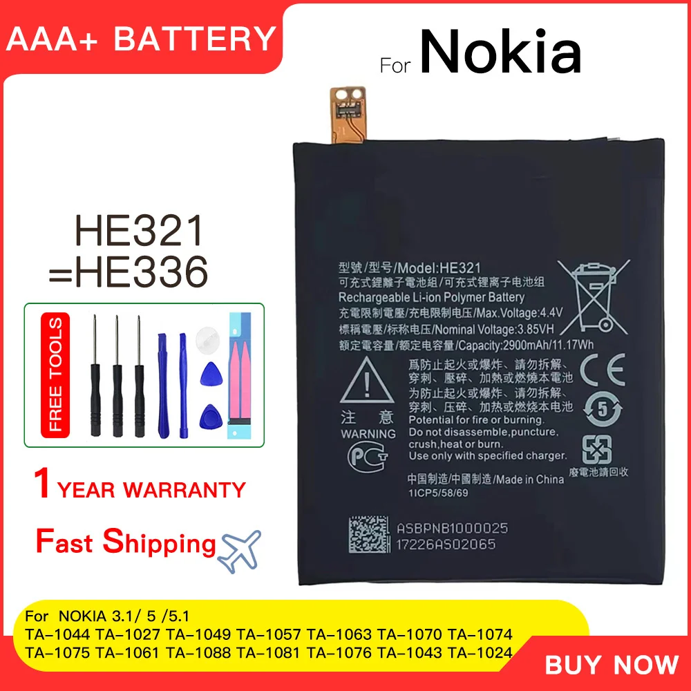 

Genuine HE321 Battery 2900mAh For Nokia 3.1 / 5 TA-1044 For Nokia 5 Dual SIM (TA-1053 DS) 5 Premium Edition he321 battery +Tools