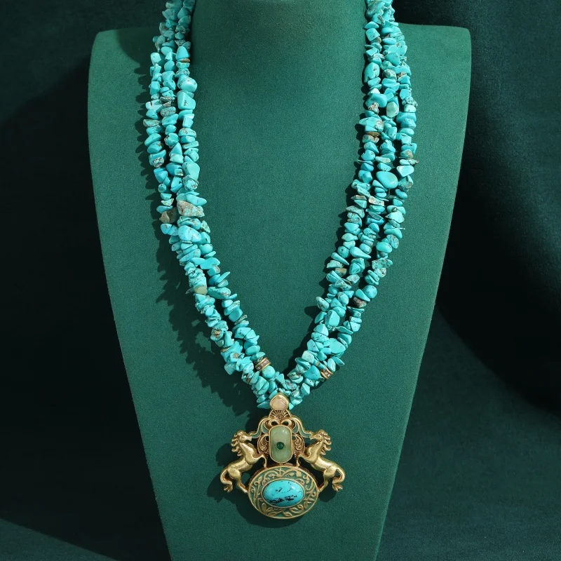 

Vintage Turquoise Layered Beads Pendent Necklaces Gravel Natural Stone 2 Horses Luxury Music Festival Charm Jewelry Woman 2026