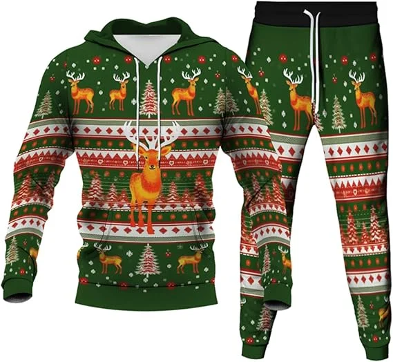 Unisex 3D Christmas Deer Print Hoodies & Sweatshirts Pants Sets Adult Two Pieces Tracksuit Men\'s Xmas Joggers Sport Hoodies Suit