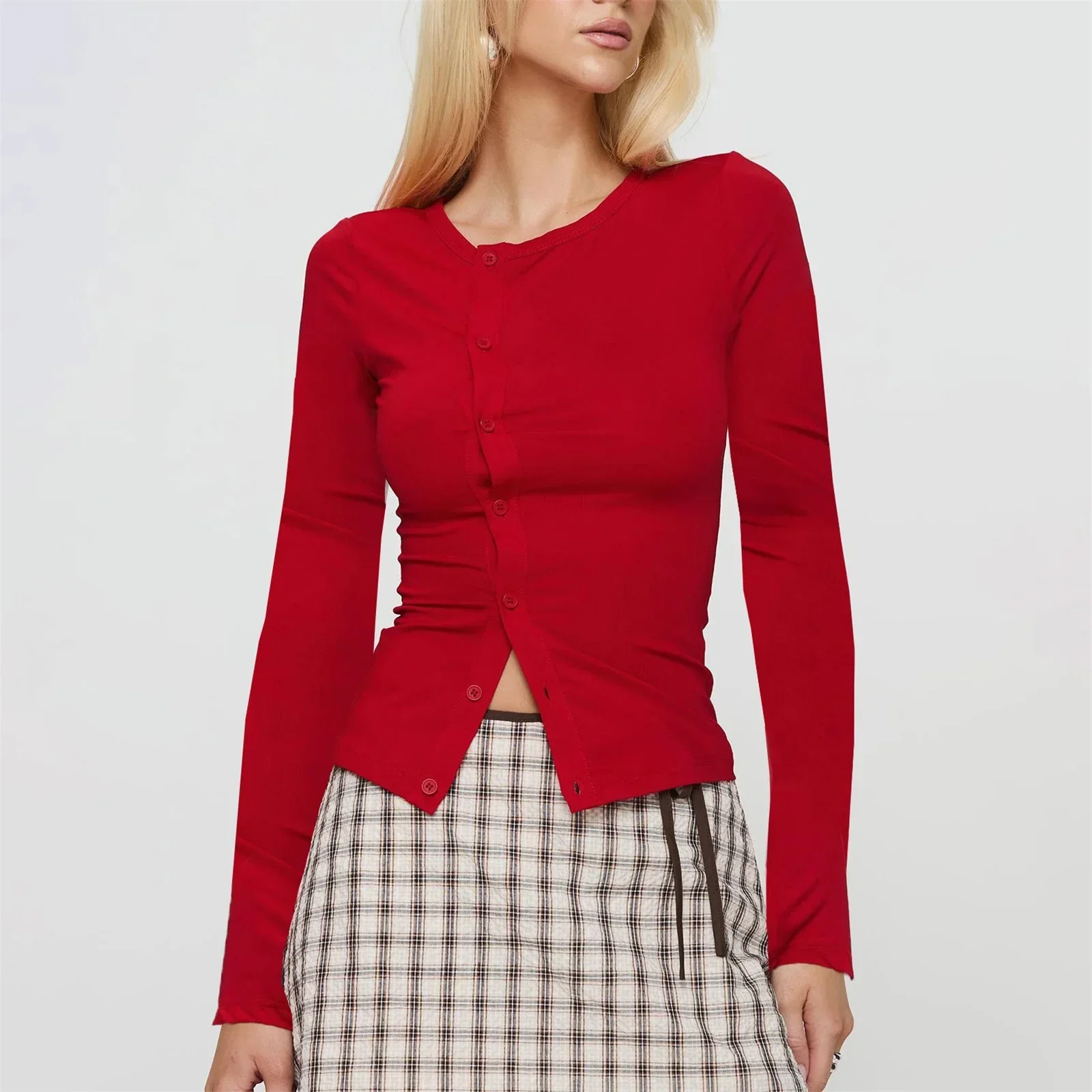 

Women's Fashion Elegant Slim Tops Spring Fall Long Sleeve Round Neck Solid Color Button Up T-shirt