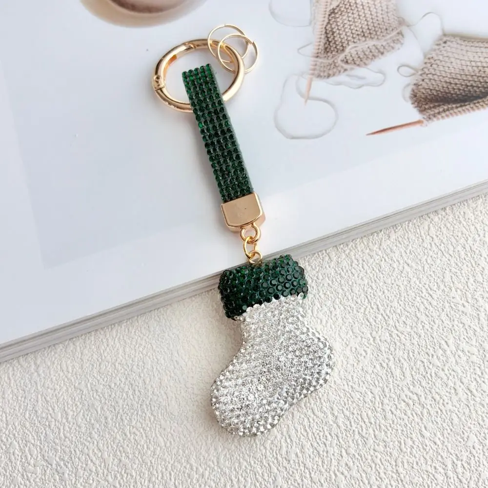 Santa Claus Rhinestone Christmas Keychain Christmas Stocking Christmas Hat Metal Xmas Pendant DIY Blingbling