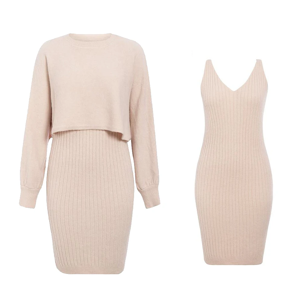 Knitted dress two-piece set 2024 autumn winter new lazy style fashionable solid color pullover woolen dress