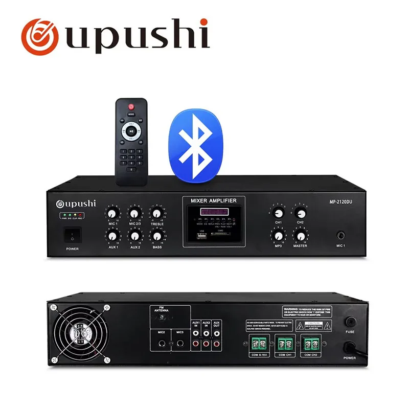 Oupushi 120W Bluetooth Pa amplifier 2 zone audio amp support remote control USB SD card FM for public address system