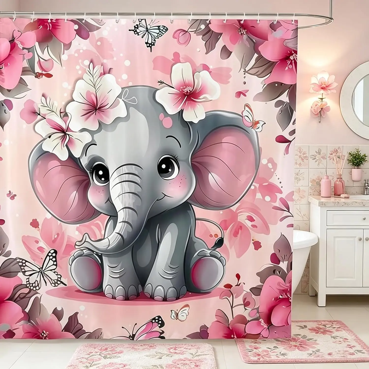 

Waterproof Polyester Floral Elephant Shower Curtain for Bathroom Decor Pink Blossom Tropical Animal Print Home Liner