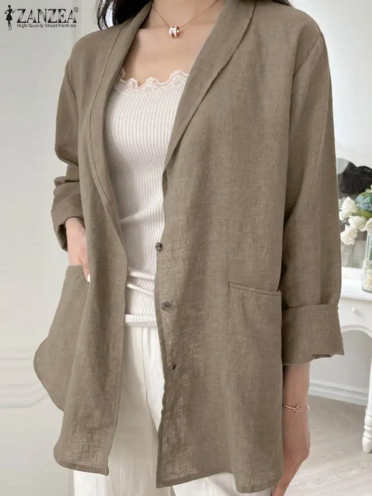 ZANZEA Fashion Casual Lapel Collar Coat Women Long Sleeve Blazer 2023 Autumn Solid Loose Outerwear Vintage Office Pocket Jackets