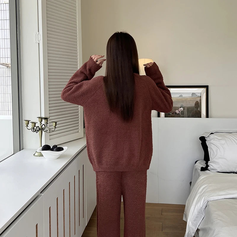 

Women's Autumn and Winter One-Side Velvet Solid Color Pullover Simple Two-Piece Set