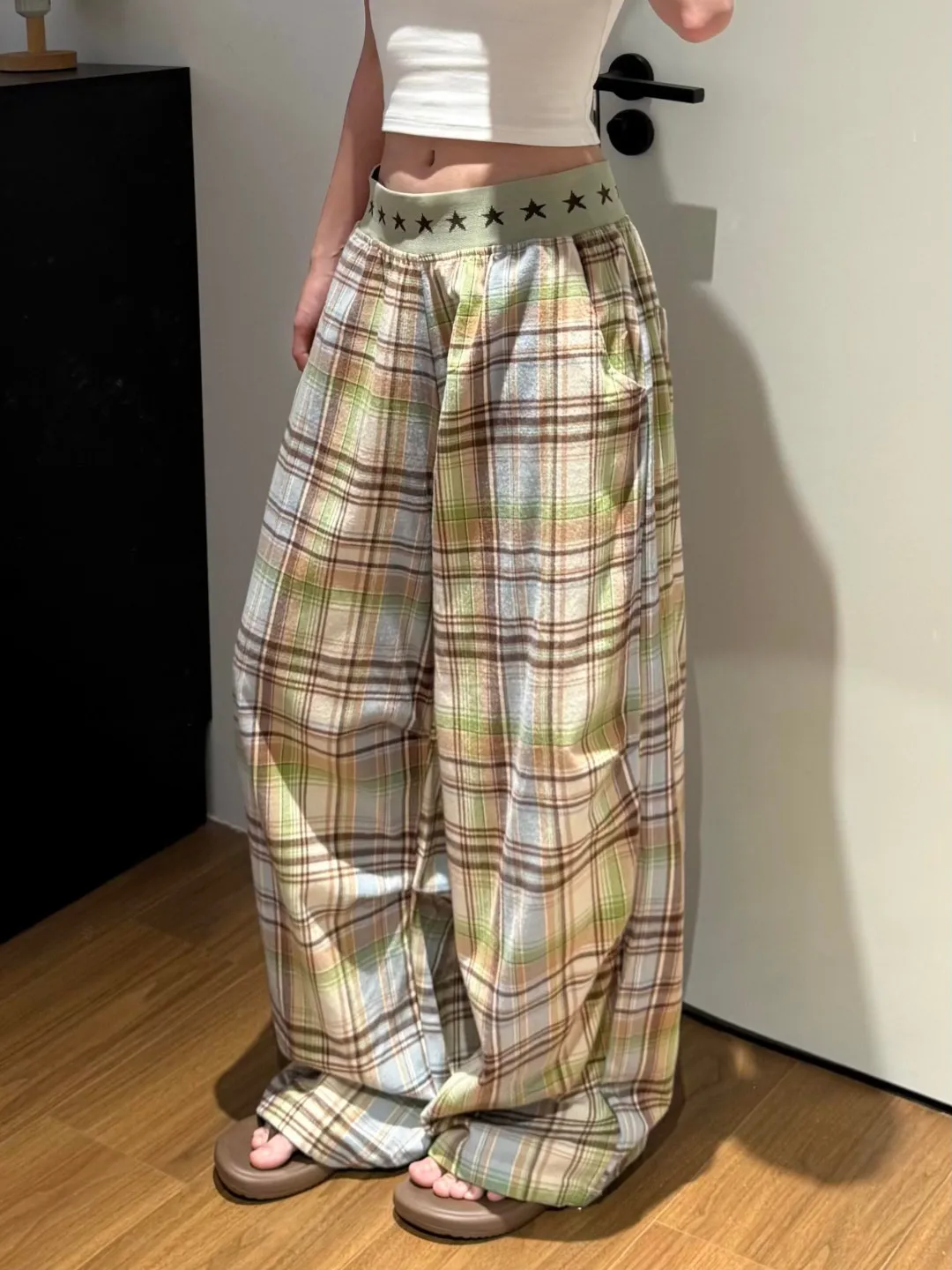 American Retro Patchwork Star Waist Design Checkered Loose Dancing Wide Leg Casual Pants for Men And Women Spring Autumn