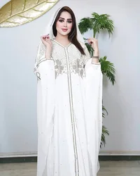 Chiffon African Dresses for Women Hooded Muslim Diamonds Inner Dress 2 Pieces Set Marocain Dashiki Ankara Djellaba Dubai Kaftan