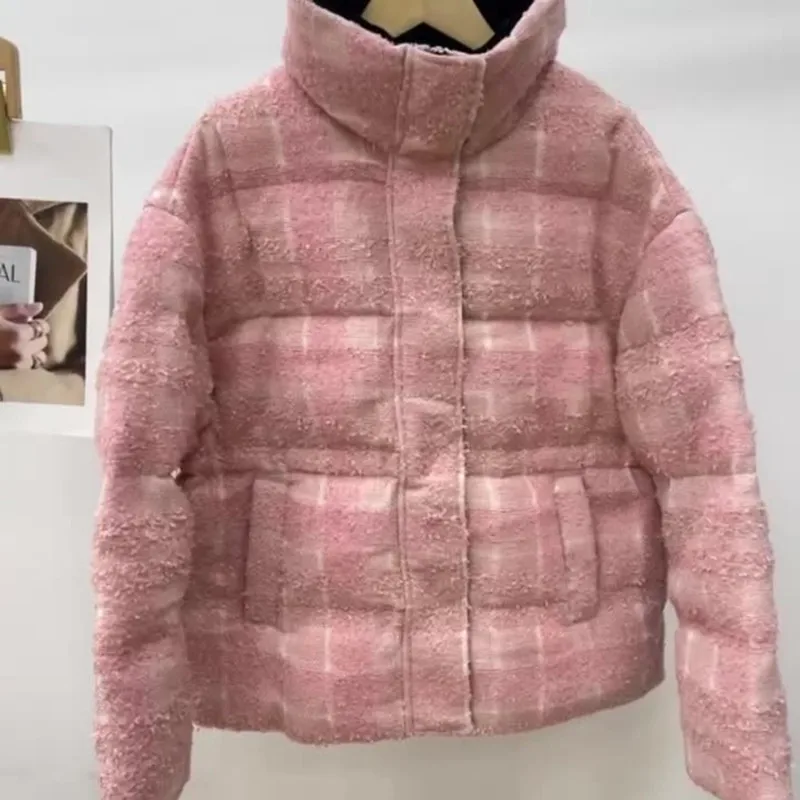 Pink Plaid Collar White Goose Down Warm Tweed Style Down Jacket for Women