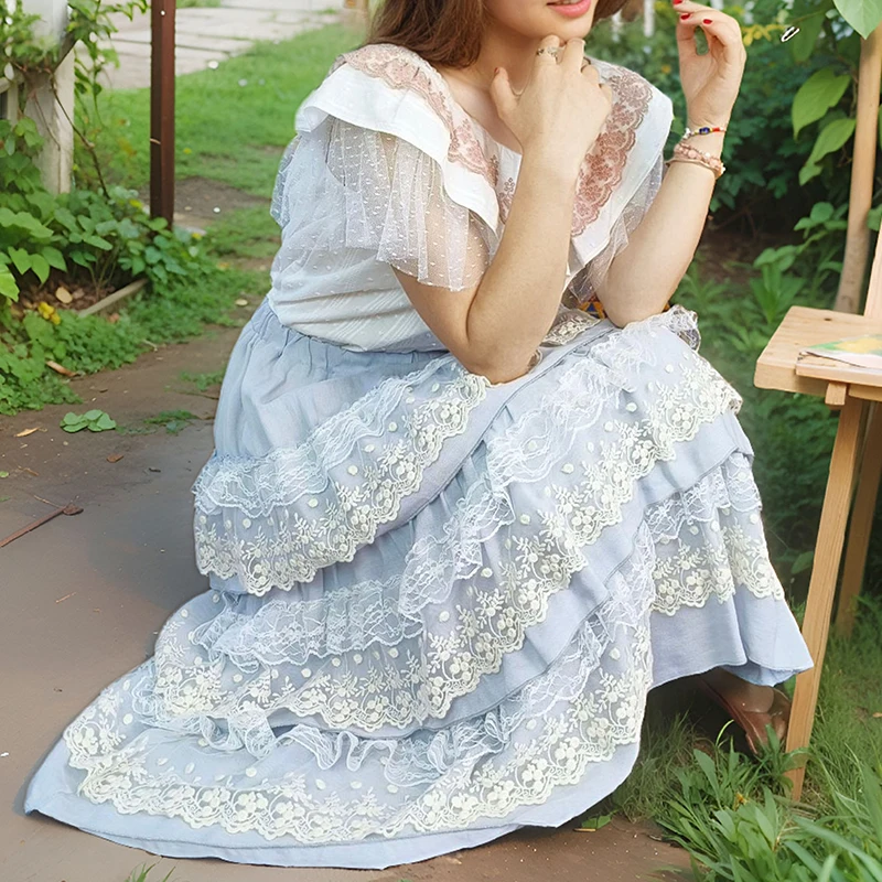 Harajuku หวานญี่ปุ่น Fairy Multi-Layer ลูกไม้กระโปรงเสื้อผ้าผู้หญิงสีฟ้า Patchwork เค้กกระโปรงหญิงครึ่ง Kawaii กระโปรง A072