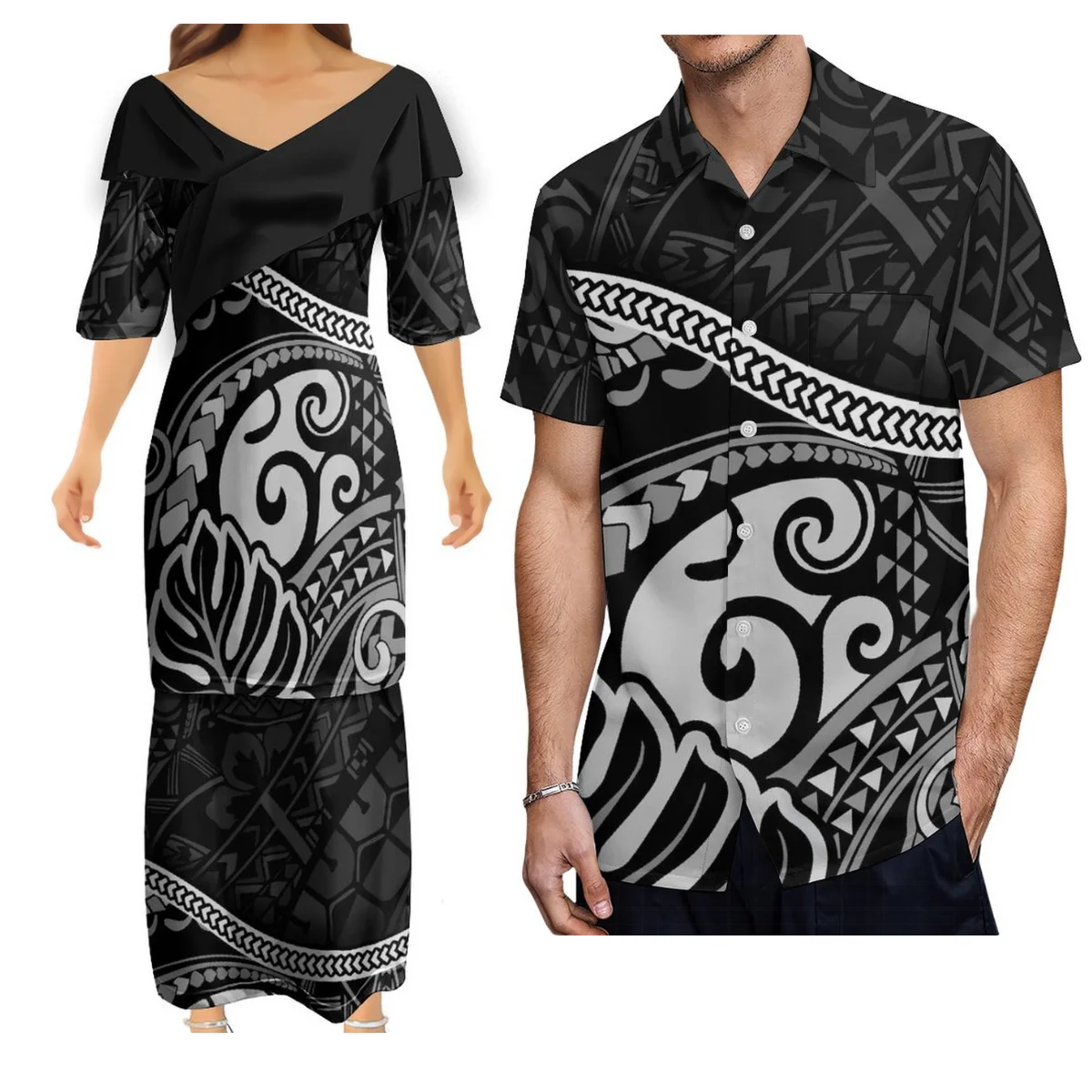 

Полинезийское племя парные костюмы рубашка с коротким рукавом для мужчин и элегантное платье для женщин Puletasi для женщин