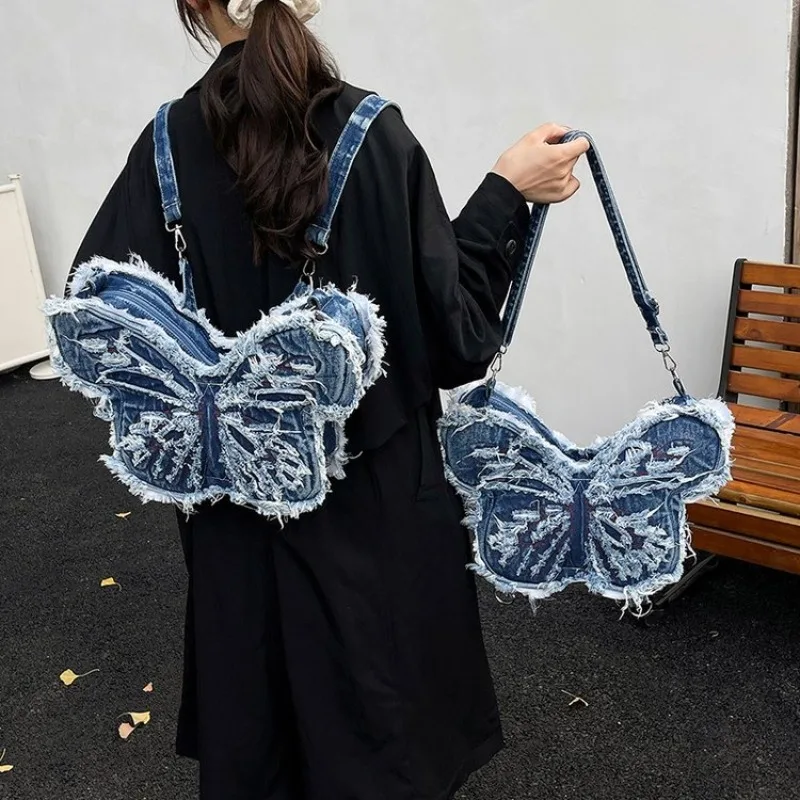 

Denim Butterfly Backpack with Frayed Edges, Multi-color for School, Travel, Daily Commuting, Shopping and Outdoor Activities
