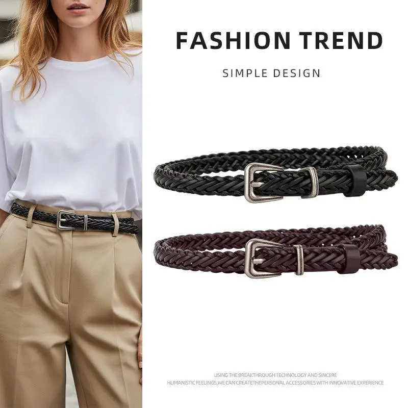 Women Minimalist Skinny Braided Belt Woven PU Leather Waistband Retro Square Buckle Cinch Waist Accessory for T-shirt Pants