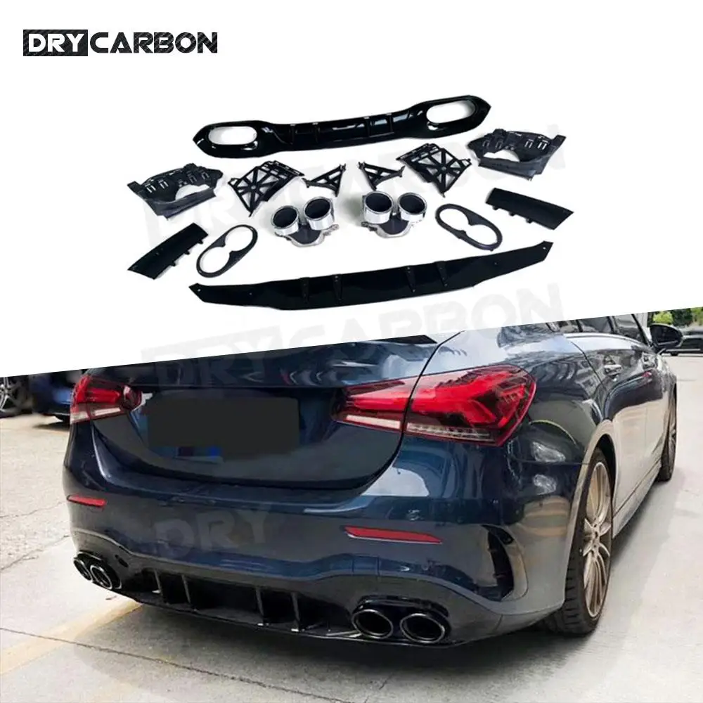 Carbon Look Rear Diffuser for Benz A Class W177 A180 A200 A160 A250 A35 A45 AMG Sedan 2020+ Exhaust Tips with Brackets