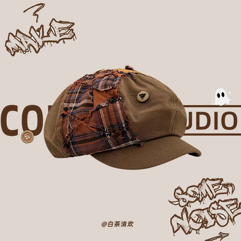 

New Niche Trend Retro Splicing Plaid Cloud Beret Spring and Summer Casual Street Sunshade Octagonal Newsboy Cap for Women's