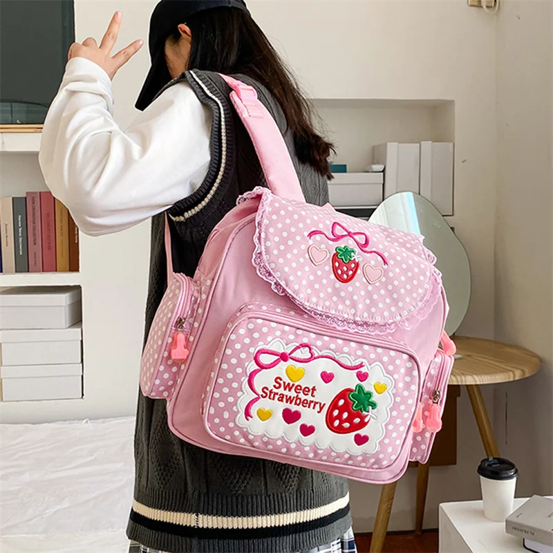 Japanese Schlool Bags Backpack Kids Cute Soft Girl Sweet Lovely Embroidered Fruit Strawberry Lace Girl Student Schoolbag Girl