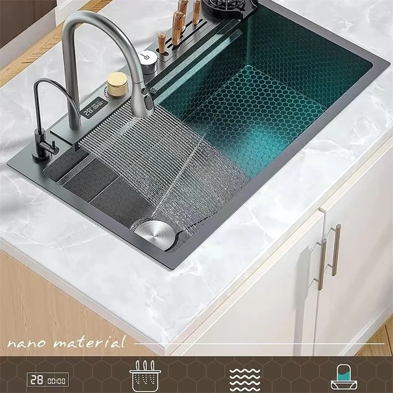 

304 Stainless Steel Kitchen Sink Honeycomb Technology Large Single Knife Holder Raindance Waterfall Cup Washer Soap Dispenser