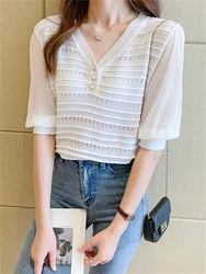 Summer New Contrast Short sleeved T-shirt Women's V-neck Spliced Sleeve Knitted Shirt Women's Top 7381