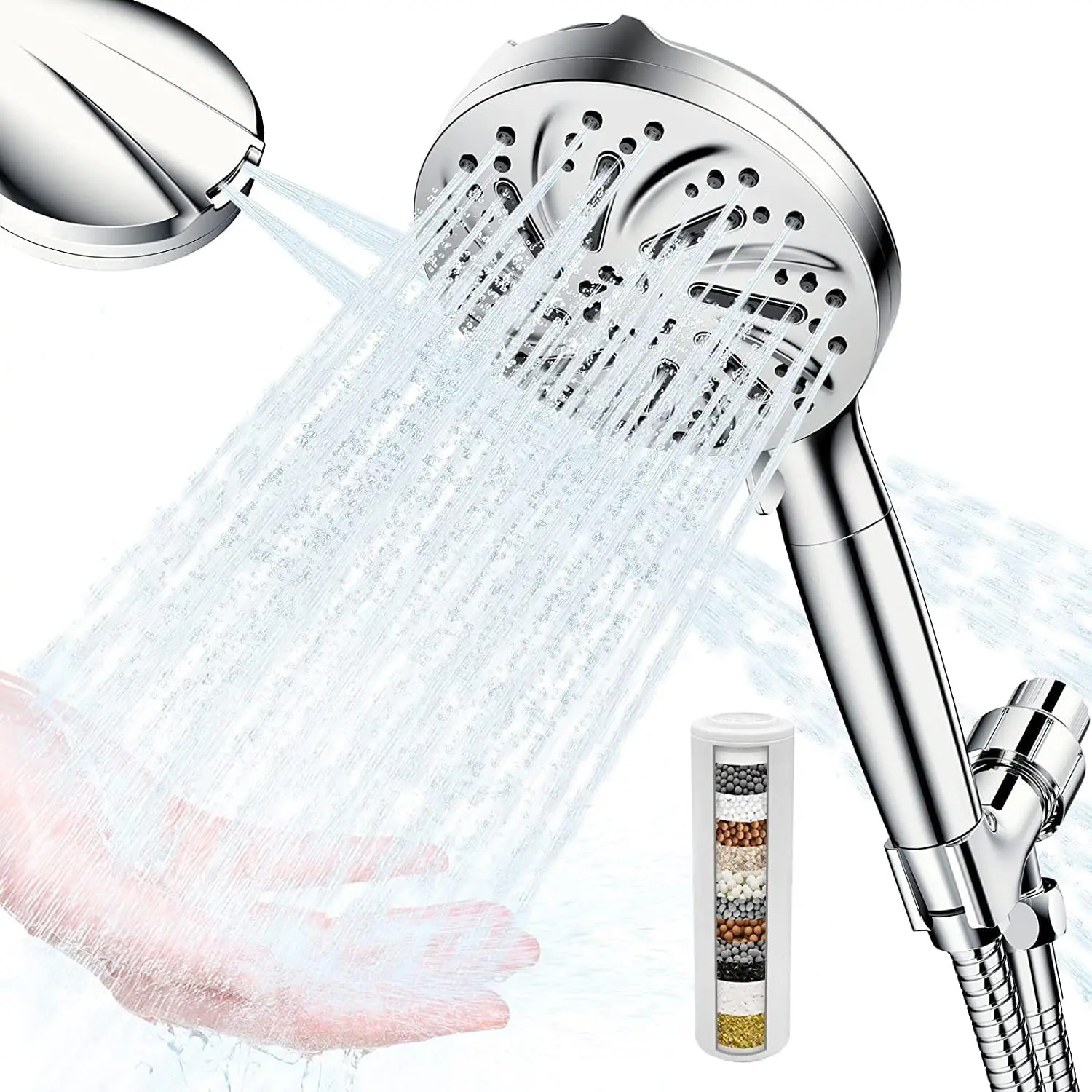 

Round High-Pressure Handheld Shower Head 10 Spray Mode Chrome Finish with Filtration System
