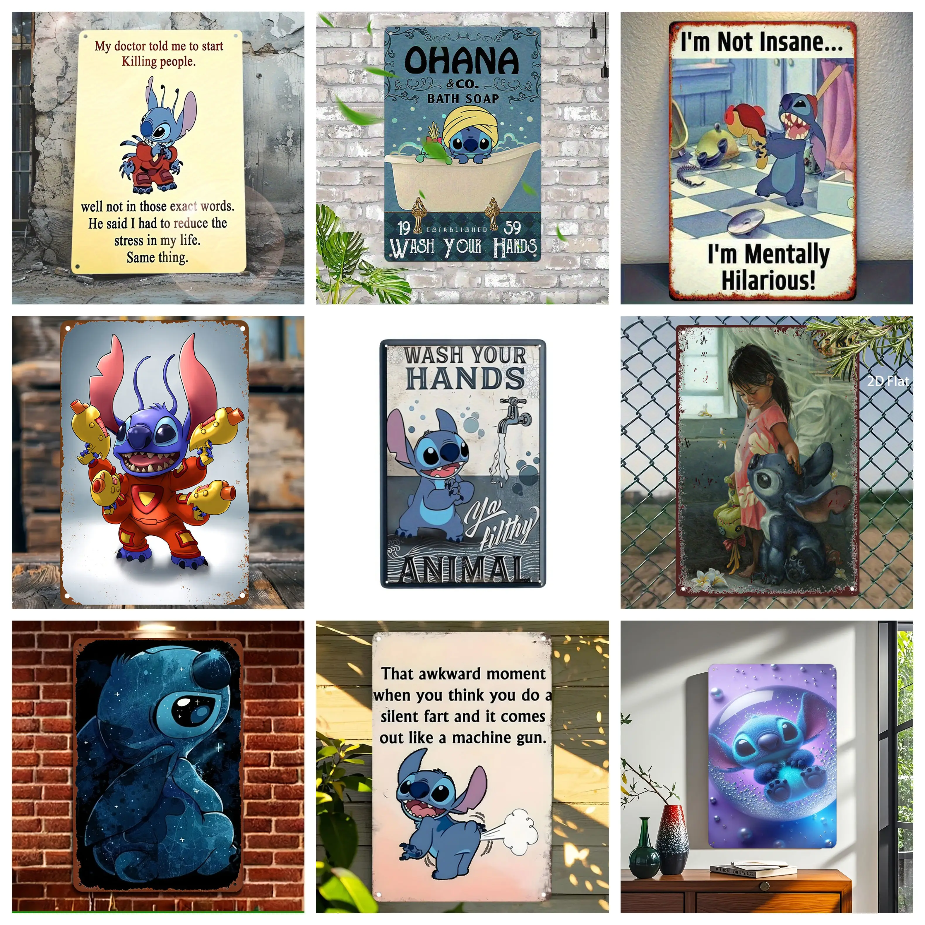 

Miniso Disney Stitch Funny Scene Decor Poster Tin Sign Metal Sign Decorative Plaque for Pub Bar Club Wall Decoration
