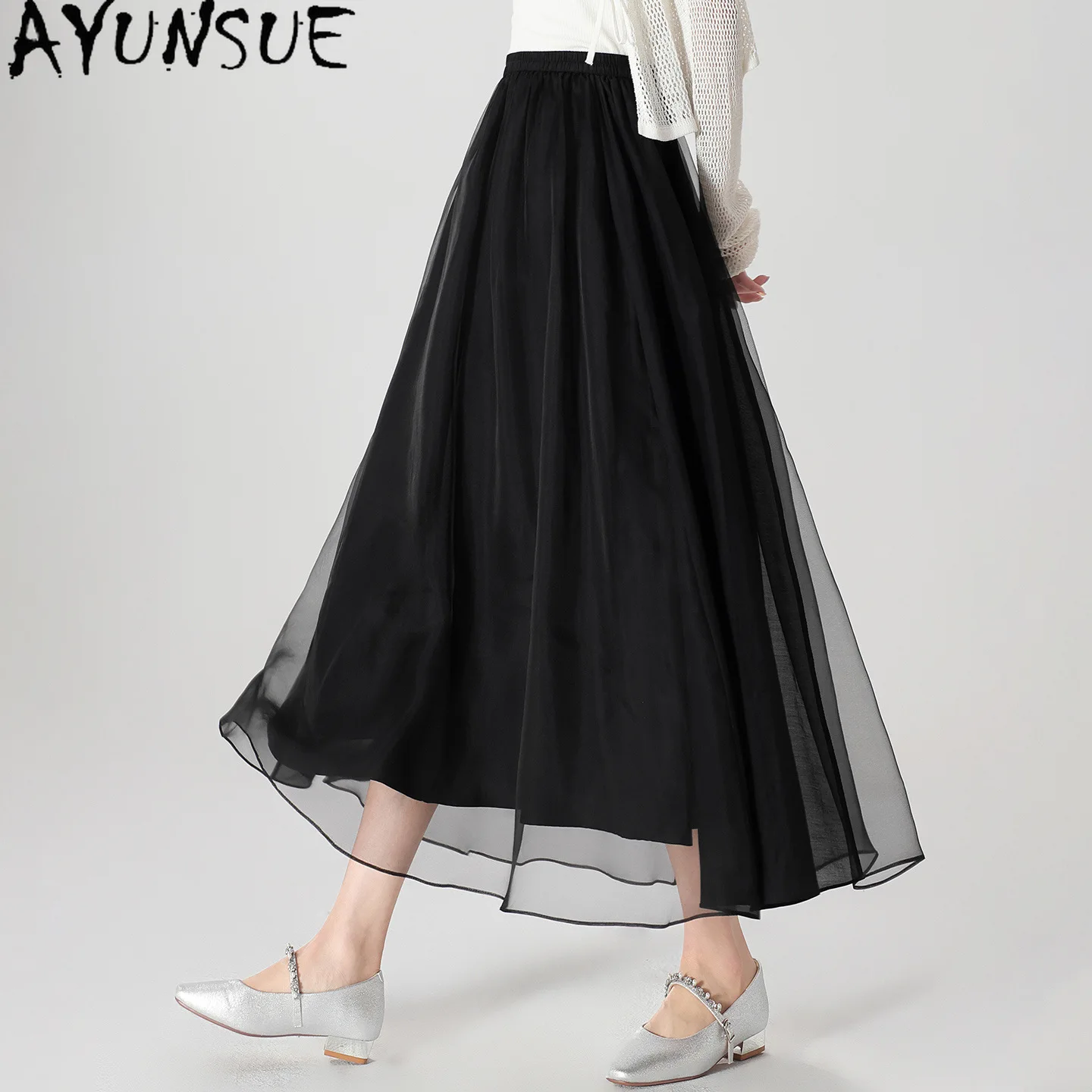 AYUNSUE 100% Mulberry Silk Long Skirts Organza Black Skirt Silk Cotton Splicing Commuter Skirt Summer Clothing 2026 Ropa Mujer