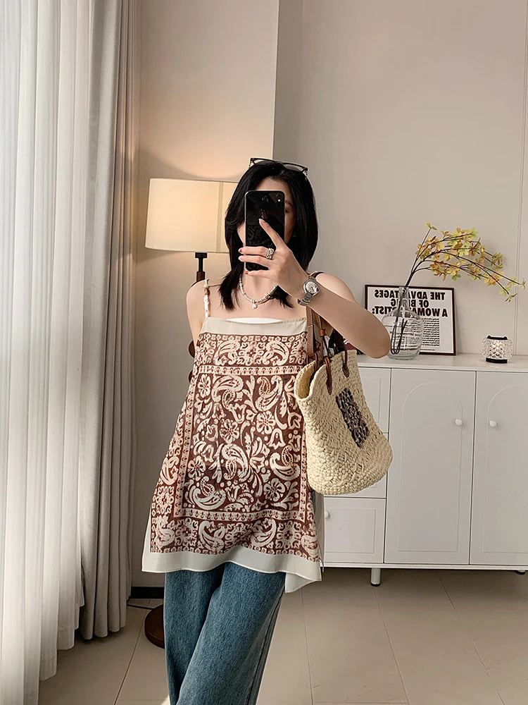 

Beaded Strapl Art Print Top Women's Summer Svel Vintage Flat Mouth Chinese Sle Casual Faion Polyester