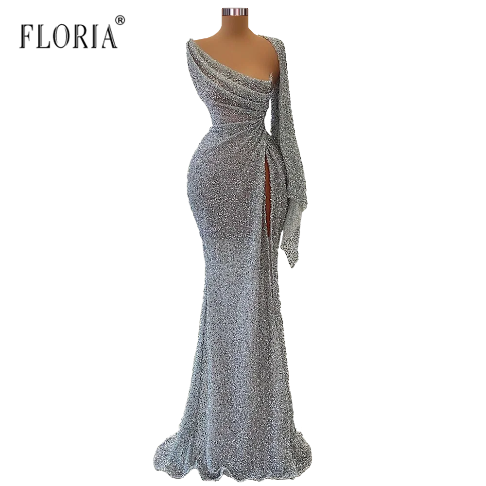 Silber lange Cape Ärmel Party kleid Dubai voll Perlen Luxus Abendkleid arabische formelle Kleider Vestidos de Fiesta Brauch