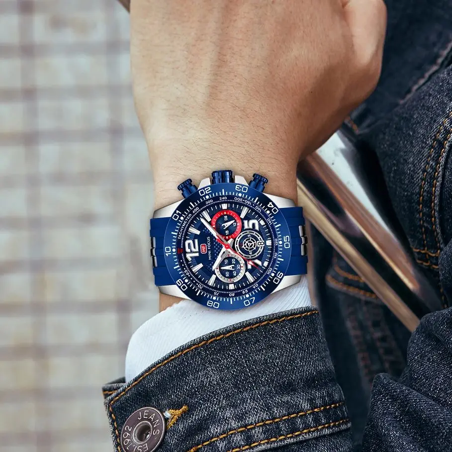 MINI FOCUS Men's Quartz Watches Waterproof Chronograph Silicone Wristwatch Reloj 0290G