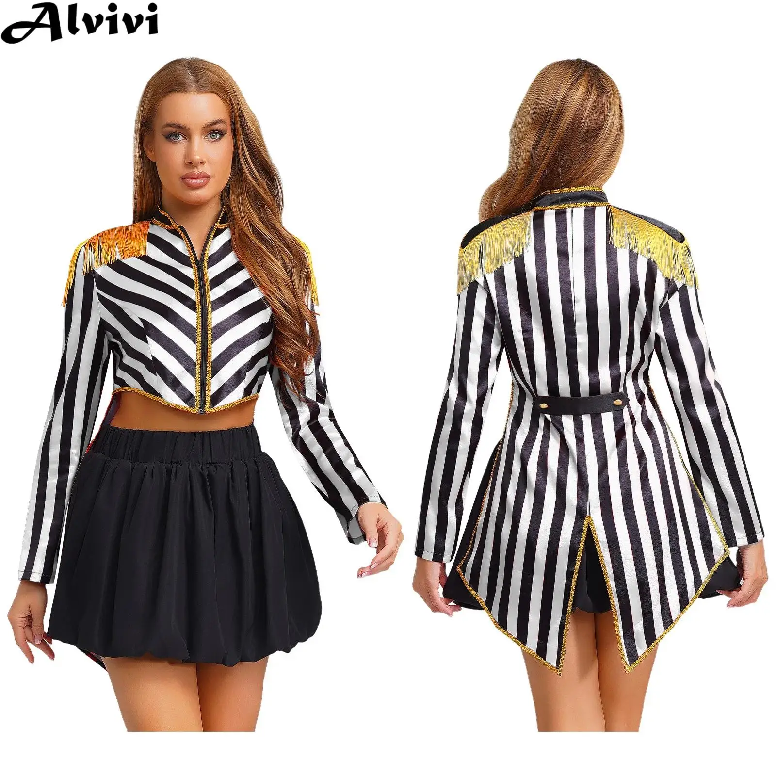 

Women Long Sleeve Zipper Striped Tailcoat Jacket Halloween Carnival Circus Ringmaster Magician Clown Cosplay Party Costume