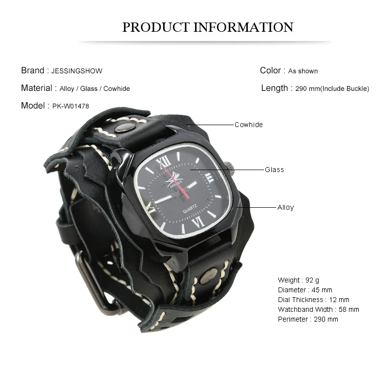 New Watch Men\'s Big Dial Square Clock Punk Sport Handmade Stitching Genuine Leather Strap Quartz Watch Wide Wristband Bangles