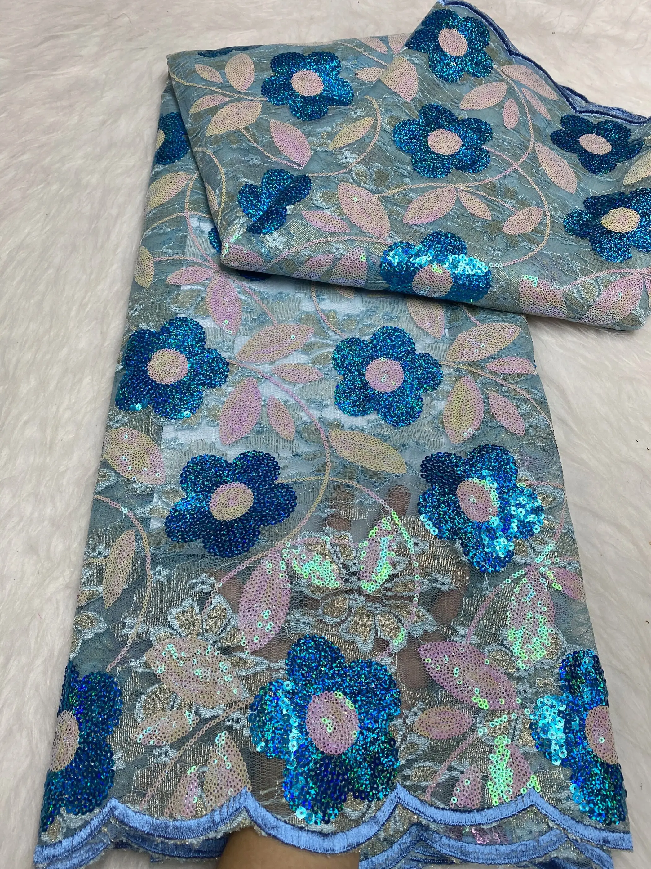 Hot Sale Latest African High Quality Fashion Sequins Embroidery Double Mesh Cloth Tulle Lace Fabric For Sewing Women Dress