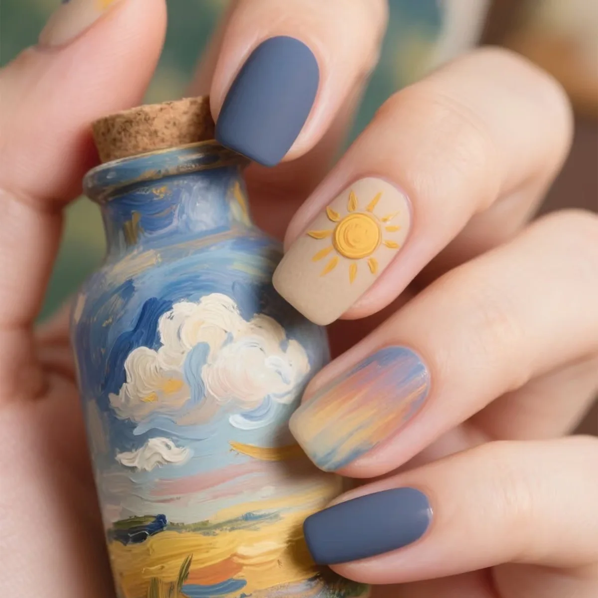 24pcs Short Square False Nails Art Cute Flower Design Blue Ballet Press on Nails Tips Shiny Powder Fake Nail Artifical Manicure