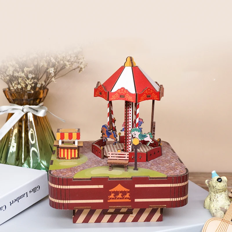 DIY 3D de madera, caja de música Merry-go-ground, Kits de modelos en miniatura, rompecabezas que puede mover para niños, regalos de cumpleaños, decoración del hogar