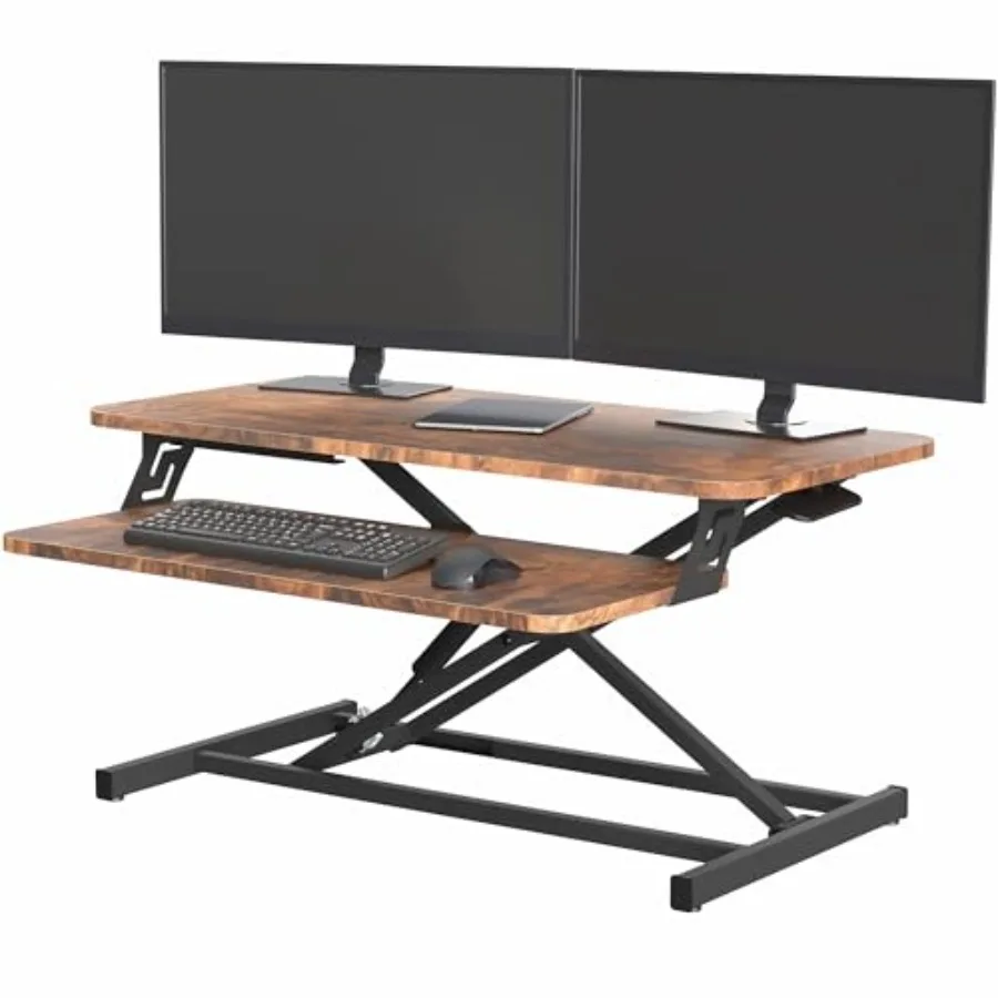 Height Adjustable 32 inch Stand Up Desk Converter Quick Sit to Stand Tabletop Dual Monitor Riser Workstation Rustic Vintage Bro