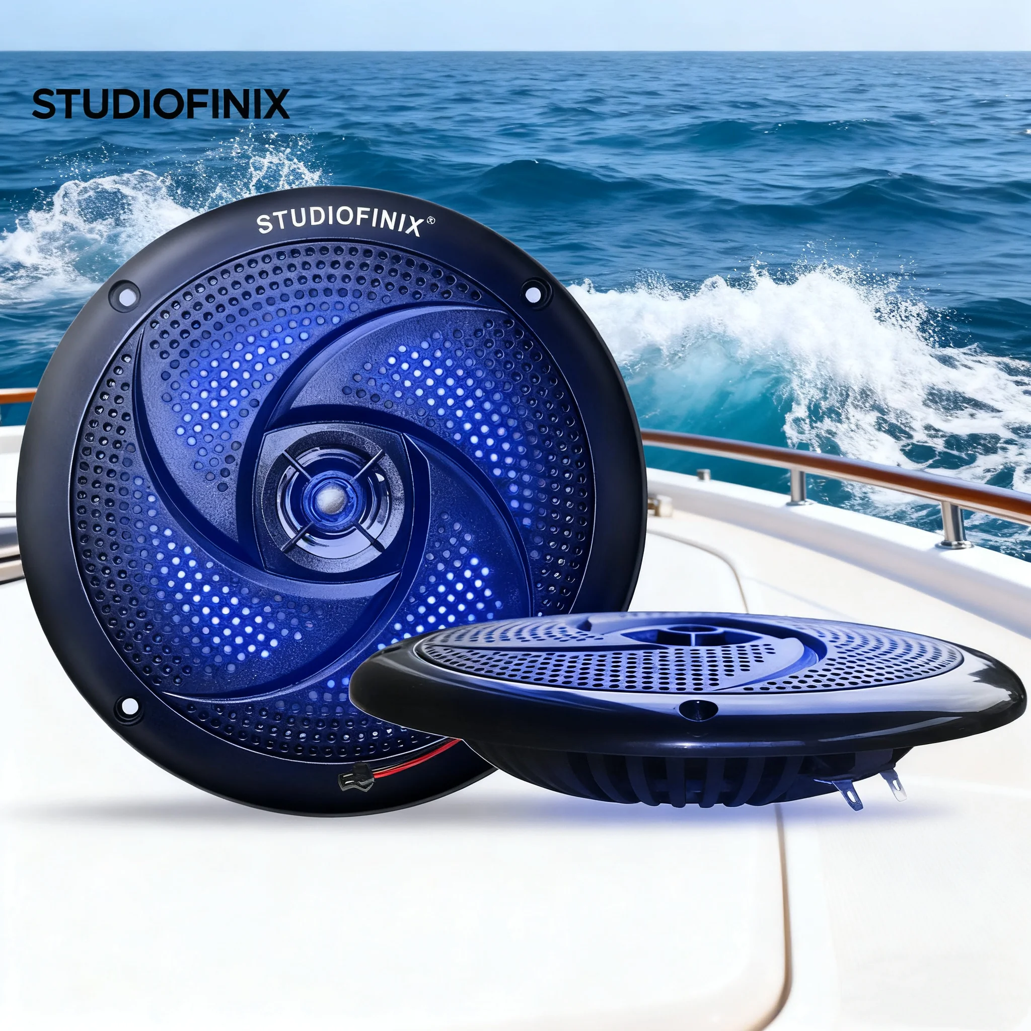

STUDIOFINIX 2 шт., 5,25 дюйма, 160 Вт, водонепроницаемые морские колонки, двустороннее аудио со светодиодной подсветкой, низкопрофильный тонкий для автофургонов, UTV, квадроциклов, гольф-каров
