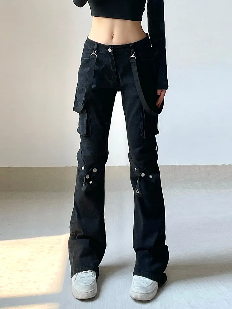 

Korobov Autumn Y2k All Match Slight Strech Pockets Spliced Metal Decoration Bandage Slim Jeans