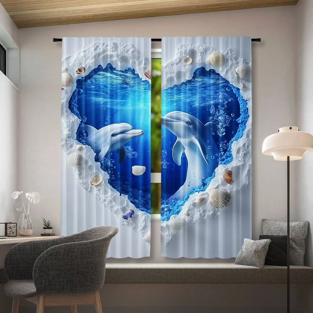 3D Dolphin Blackout Rod Pocket Curtain White Dolphin Shell Crack Rock Blue Ocean Print Decor Living Bedroom Family Window