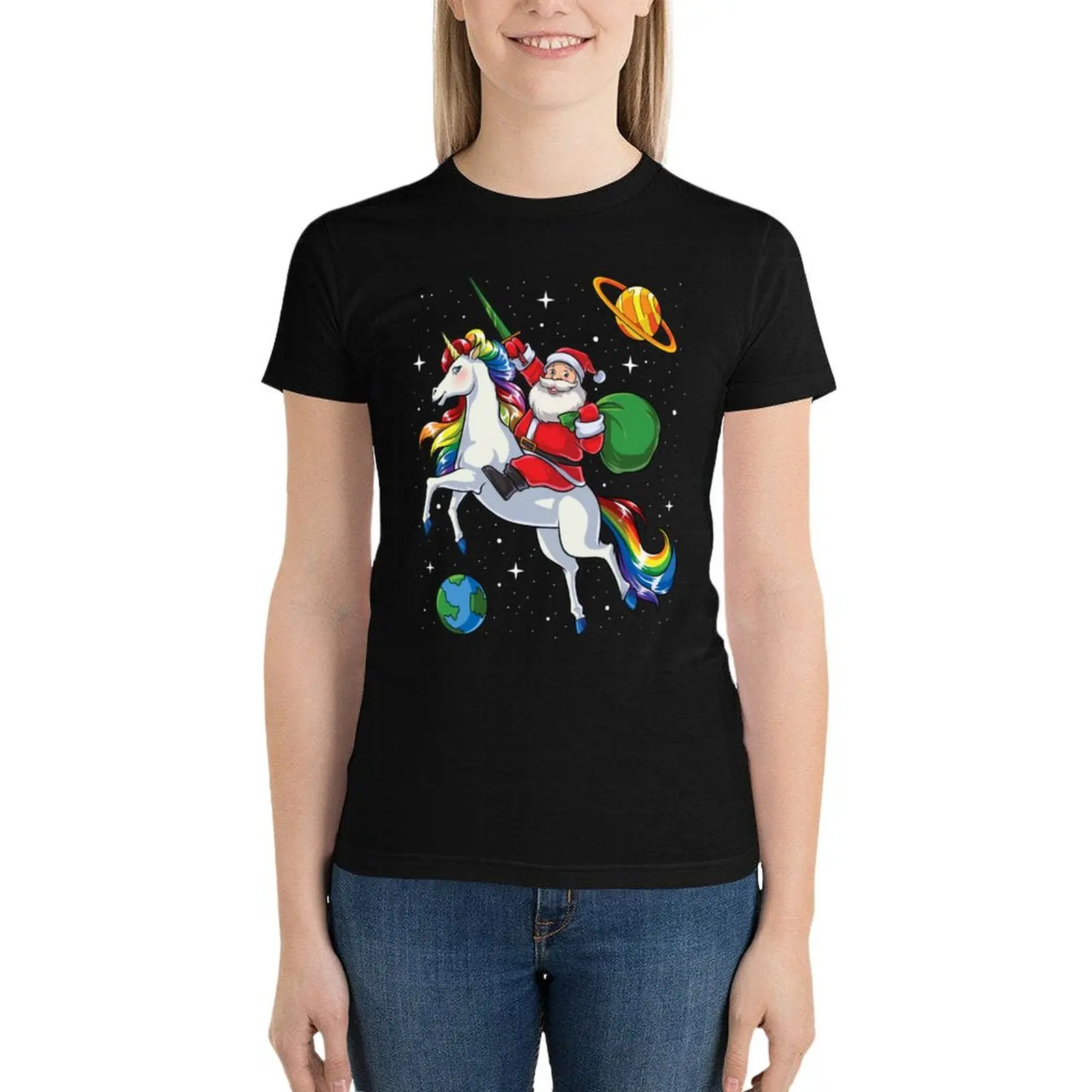 Santa Riding Unicorn T Shirt Christmas Gifts Rainbow Space T-Shirt summer top tees T-shirt Women