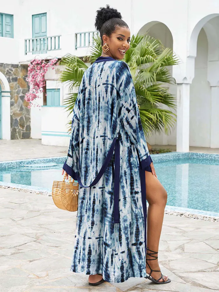 EDOLYNSA Boho Printed Long Kimono Dresses Plus Size Belt Tunic Dress Summer 2023 Women Loose Beach Wear Maxi Dress Sarong Q1541