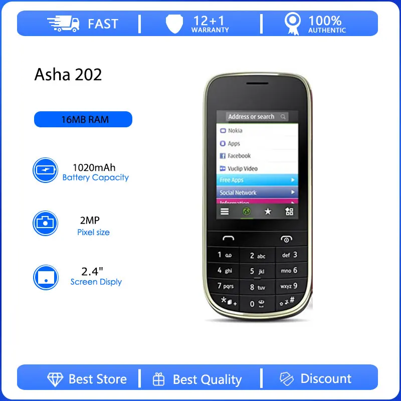 Original Refurbished Asha 202 2G Dual Sim Unlocked GSM 900/1800 Mobile Phone Russian Arabic Hebrew Keyboard Made in Finland