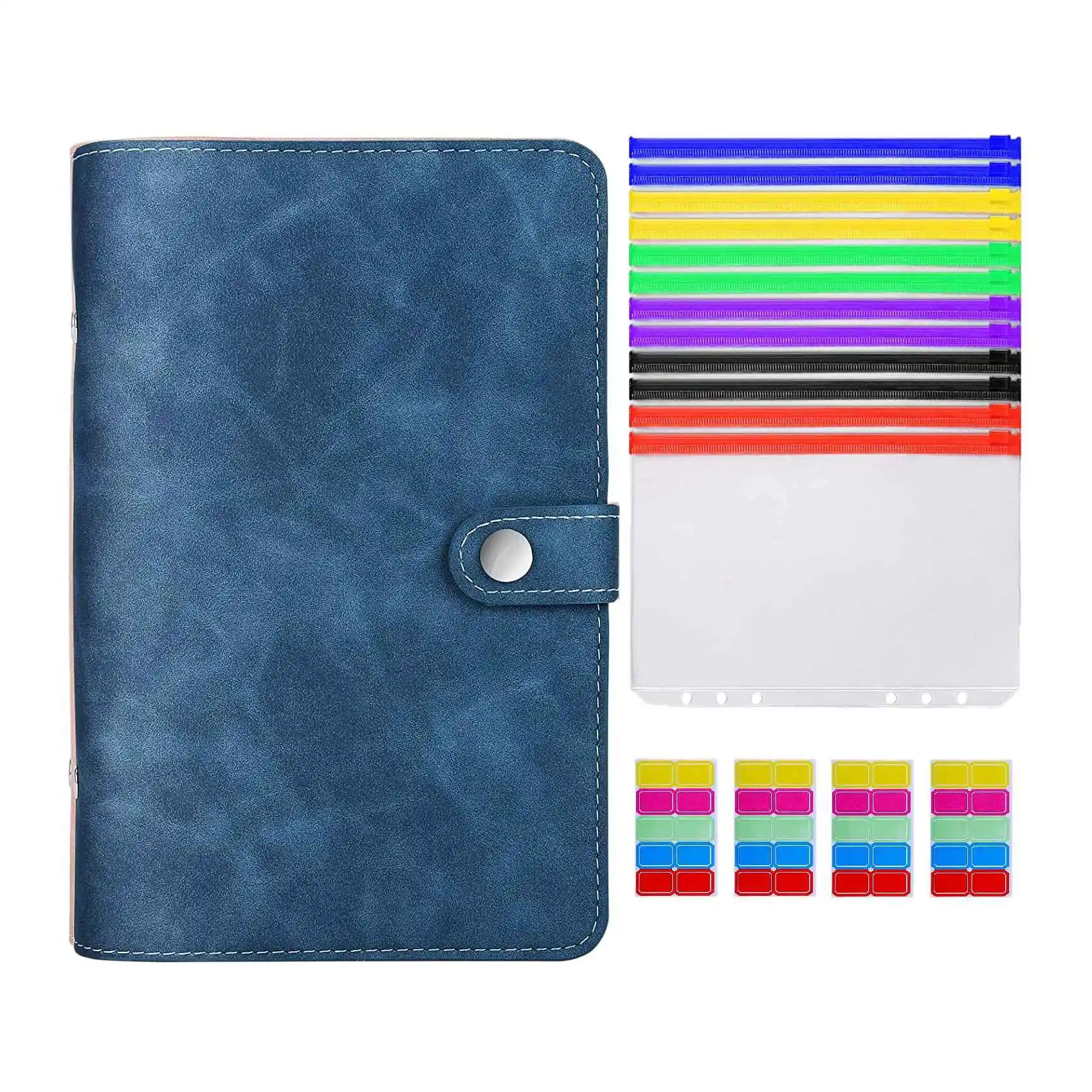 A42T-PU Leather Budget Binder Refillable Binder With Colored Binder Zipper Pouches Clear Loose Leaf Bags Cash Envelopes