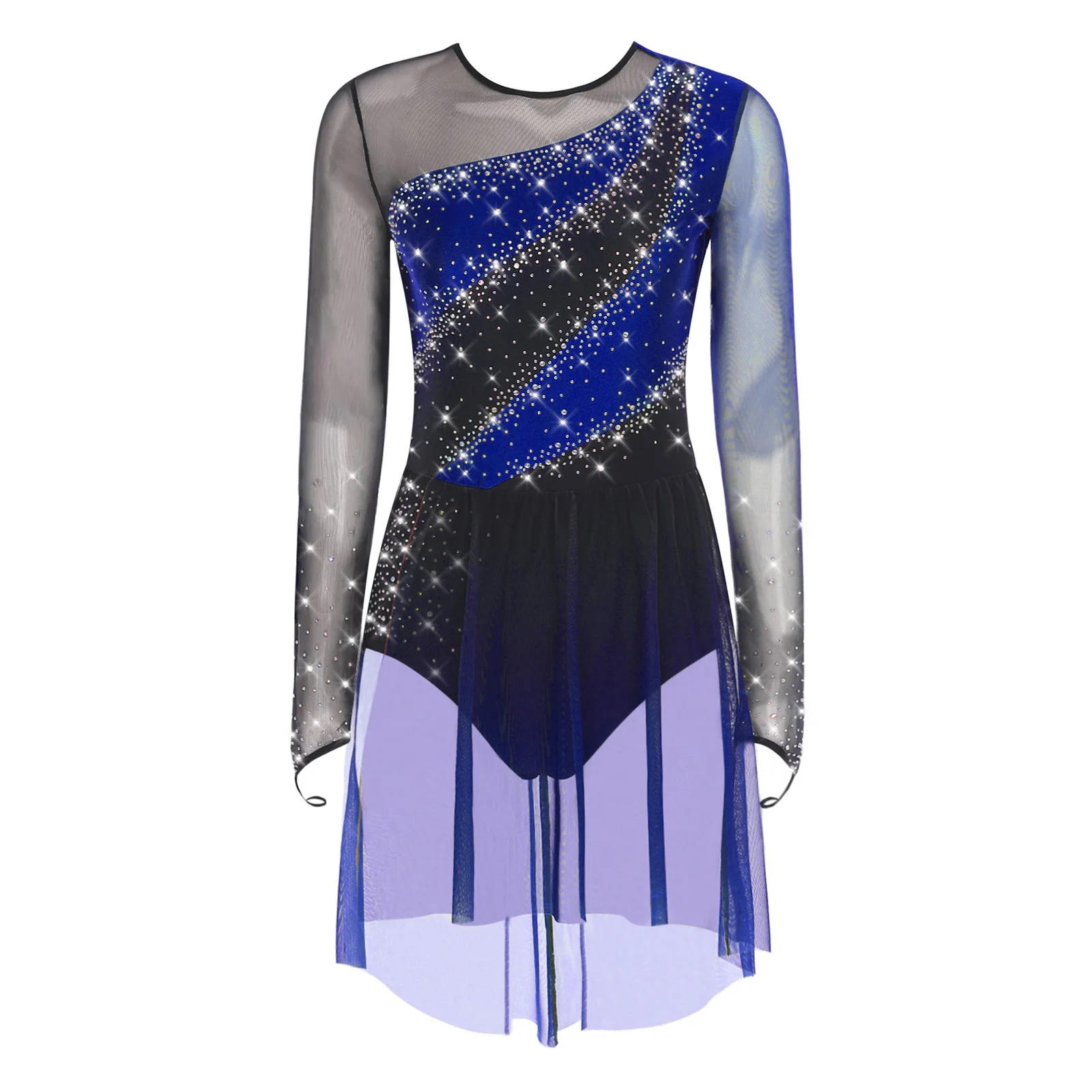 

Women Shiny Dance Leotard Dress Ballet Lyrical Dancing Costume Rhinestones Mesh Skirts Dancewear for Figure Skating Gymnastics