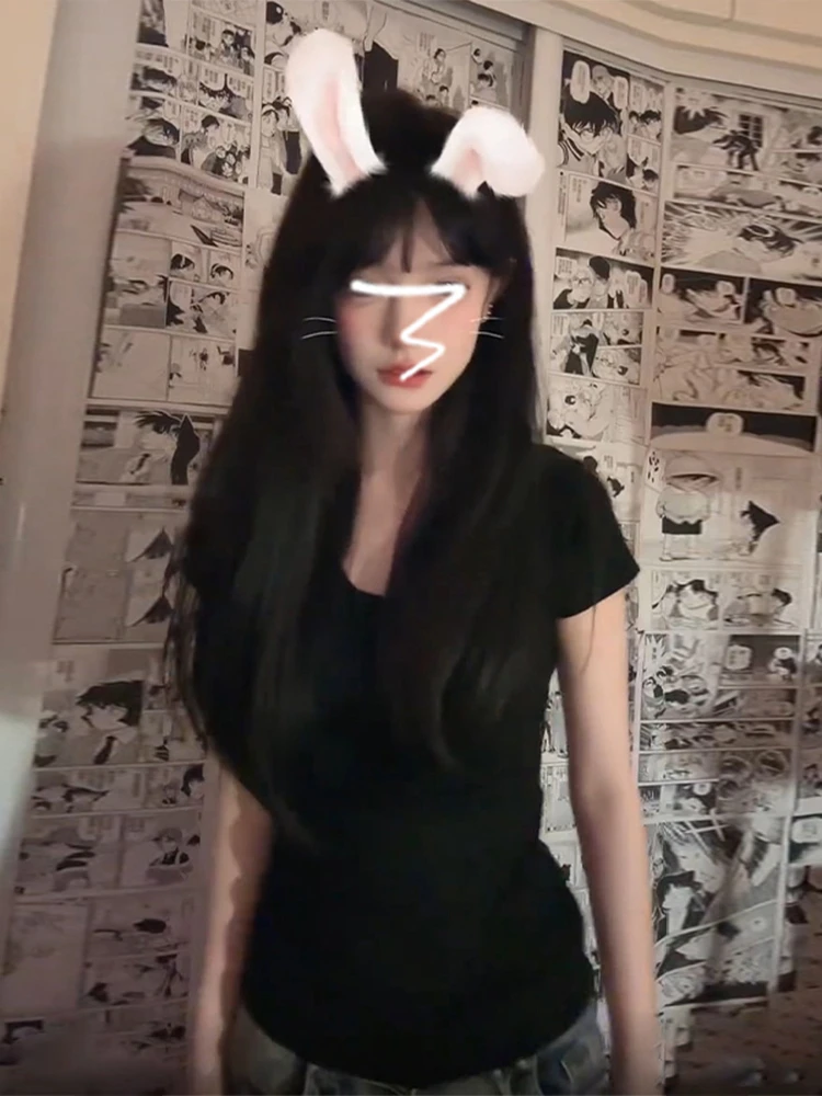 

American Retro Bla ort Sve T-irt Women Summer New Base irt Design Sensation Sweet And Spicy Small Upper irt