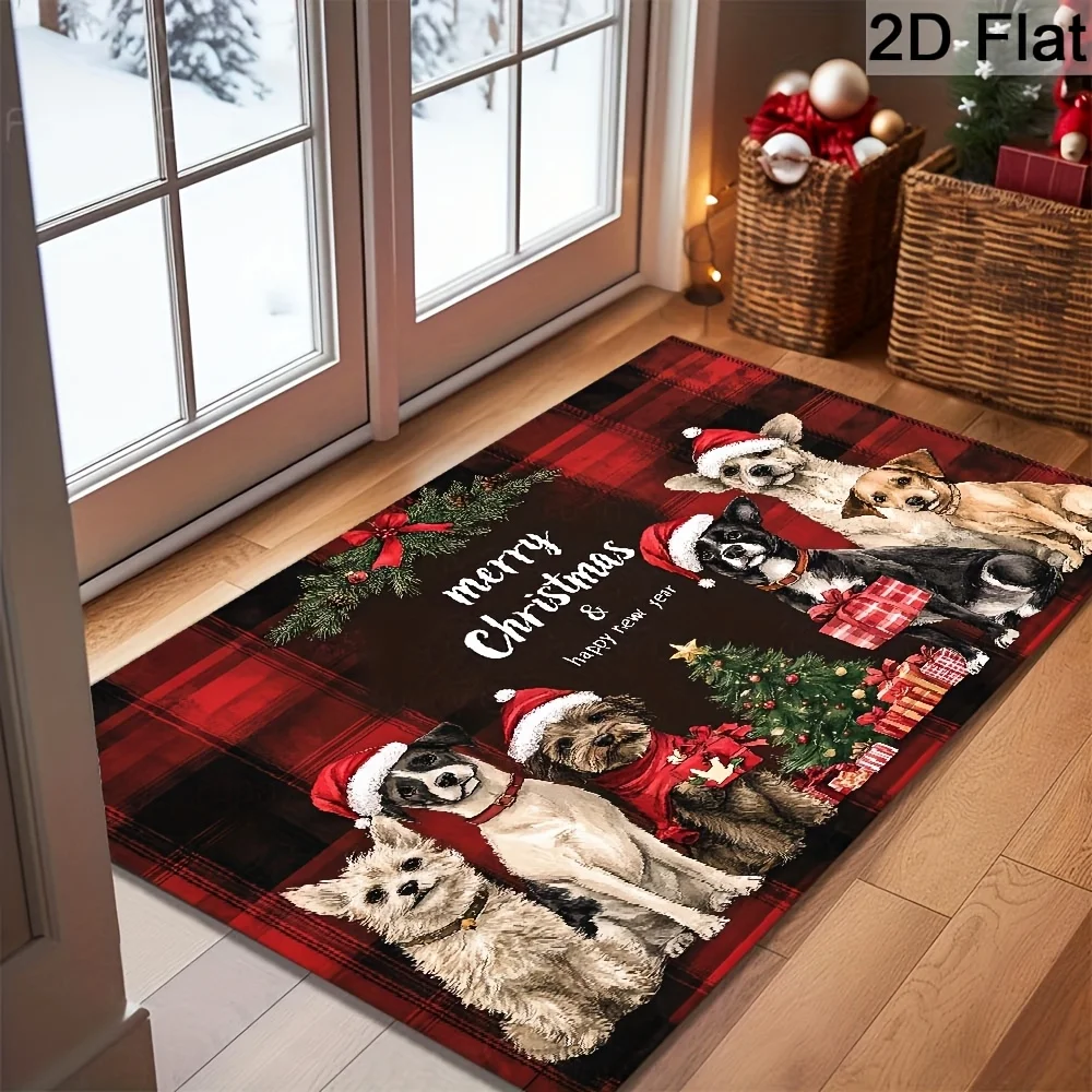 Funny Dogs Santa Hats Checkered Christmas Welcome Doormat Non Slip Washable Mat For Pet Owners Holiday Home Decor