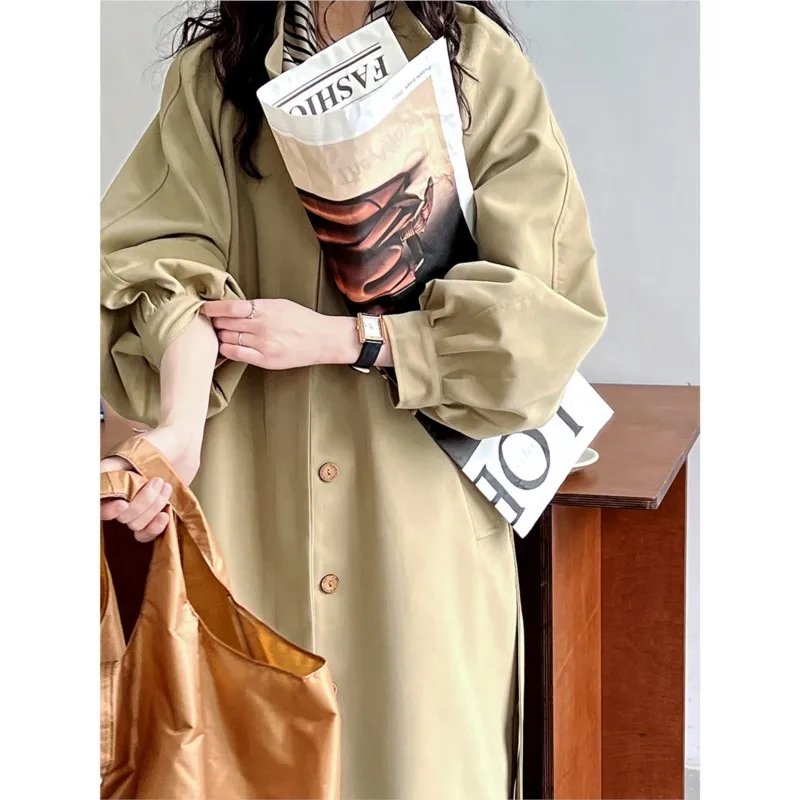 Korean Style Stand-up Collar Puff Sleeve Trench Coat Women's Mid-Length Waist-Controlled Lace-up All-Matching Slimming Overcoat